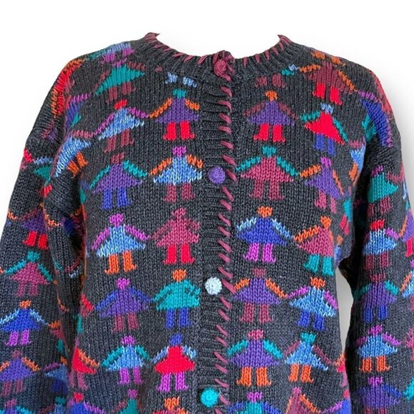 Cullinane Womens Cardigan Vintage 1980s Sz M Charcoal Gray Friends Holding Hands - Picture 4 of 7